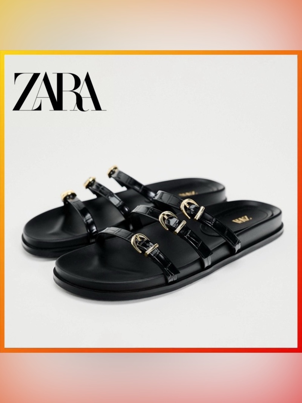 Zara Black Patent Triple-Strap Slides with Gold Buckle Detail - Picture 2 of 6